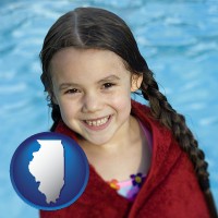 illinois map icon and a little girl wrapped in a dark red towel, in front of a swimming pool