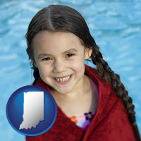 indiana map icon and a little girl wrapped in a dark red towel, in front of a swimming pool
