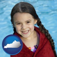 kentucky map icon and a little girl wrapped in a dark red towel, in front of a swimming pool