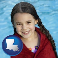 louisiana map icon and a little girl wrapped in a dark red towel, in front of a swimming pool