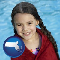 massachusetts map icon and a little girl wrapped in a dark red towel, in front of a swimming pool