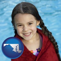 maryland map icon and a little girl wrapped in a dark red towel, in front of a swimming pool