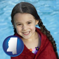mississippi map icon and a little girl wrapped in a dark red towel, in front of a swimming pool