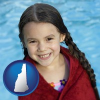 new-hampshire map icon and a little girl wrapped in a dark red towel, in front of a swimming pool