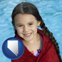 nevada map icon and a little girl wrapped in a dark red towel, in front of a swimming pool