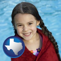 texas map icon and a little girl wrapped in a dark red towel, in front of a swimming pool