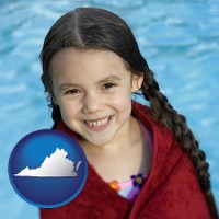 virginia map icon and a little girl wrapped in a dark red towel, in front of a swimming pool