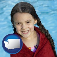 washington map icon and a little girl wrapped in a dark red towel, in front of a swimming pool