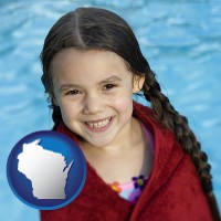wisconsin map icon and a little girl wrapped in a dark red towel, in front of a swimming pool
