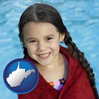 west-virginia map icon and a little girl wrapped in a dark red towel, in front of a swimming pool