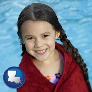 a little girl wrapped in a dark red towel, in front of a swimming pool - with Louisiana icon